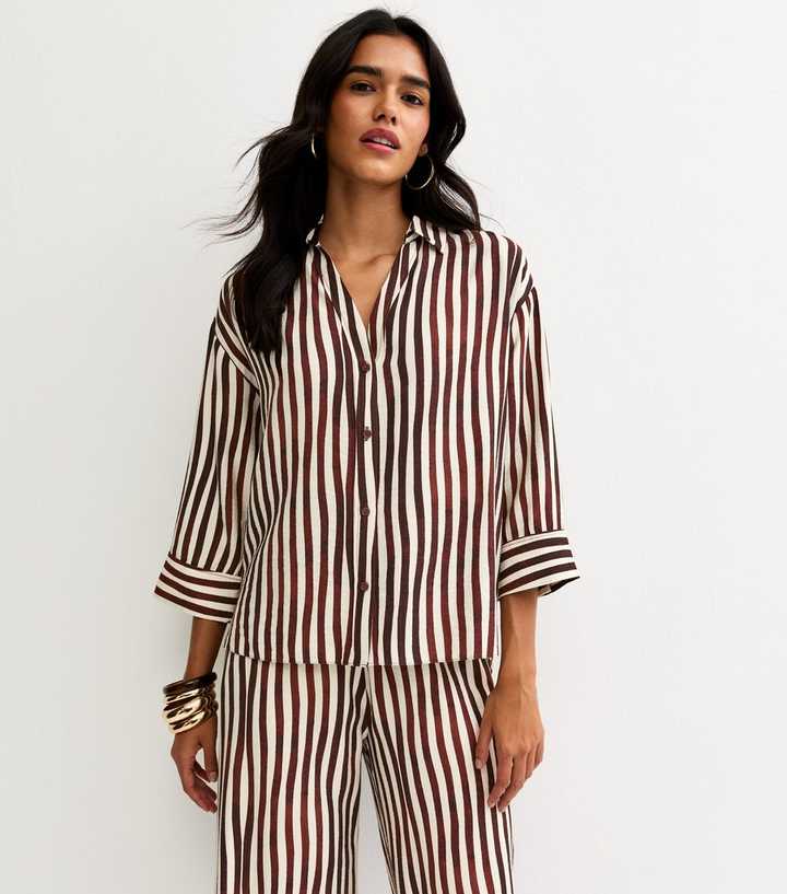 Dark Brown Striped 3/4 Sleeve Shirt