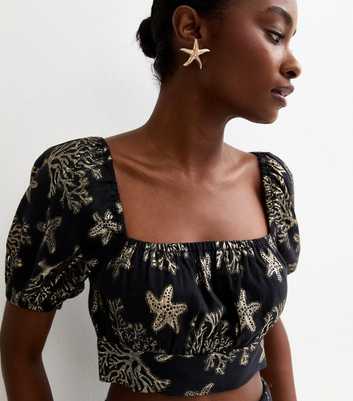 Black Foiled Starfish Embroidered Crop Top