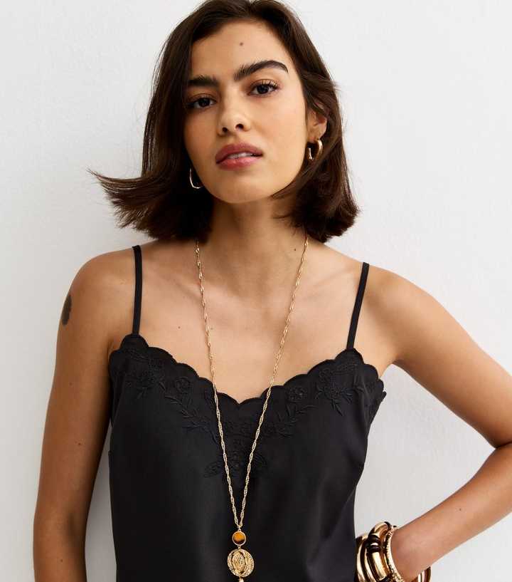 Black Embroidered Strappy Cami Top