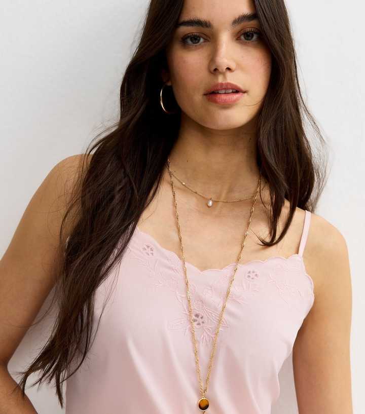 Pale Pink Embroidered Strappy Cami Top