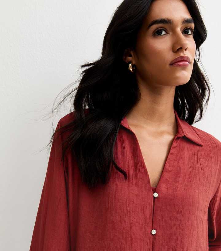 Rust Crinkled Cropped Sleeve Shirt