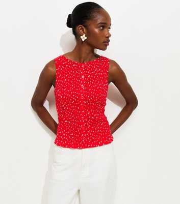 Red Floral Shirred Button Through Top