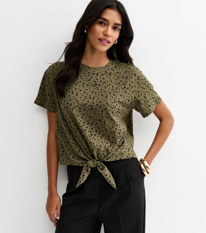 Khaki Speckled Print Tie Front T-Shirt