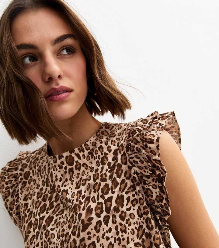 Brown Leopard Print Frill Trim Top