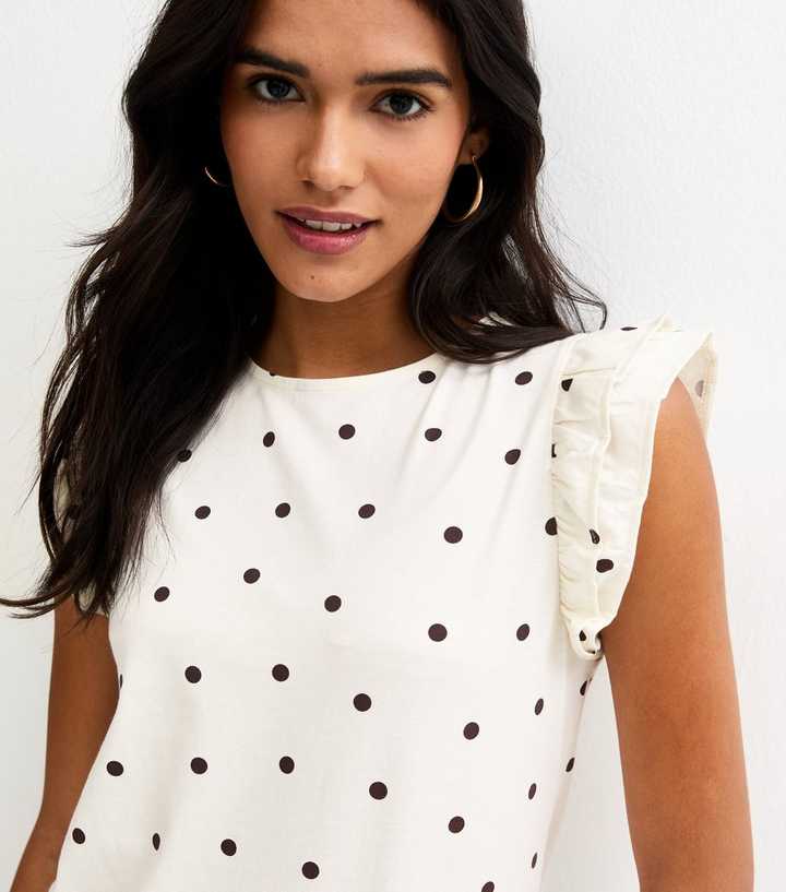 Cream Polka Dot Frill Trim Top