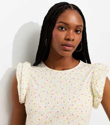 White Floral Strawberry Print Frill Sleeve Top