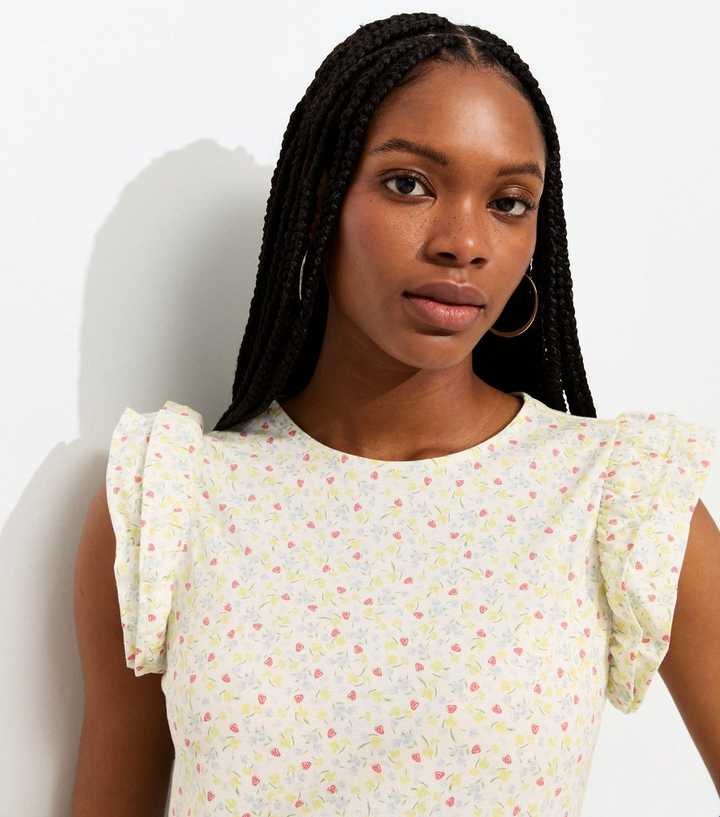 White Floral Strawberry Print Frill Sleeve Top