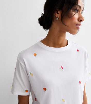 White Cotton Boxy Embroidered Fruit T-Shirt