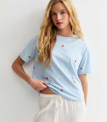 Blue Cotton Boxy Embroidered Fruit T-Shirt