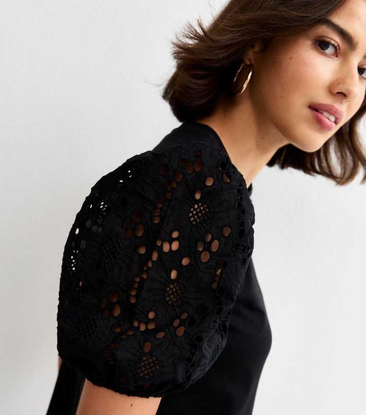 Black Broderie Anglaise Puff Sleeve Top