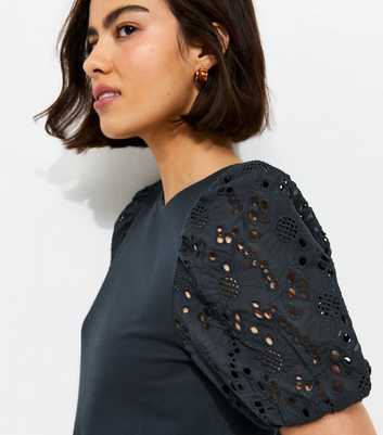 Navy Broderie Anglaise Puff Sleeve Top