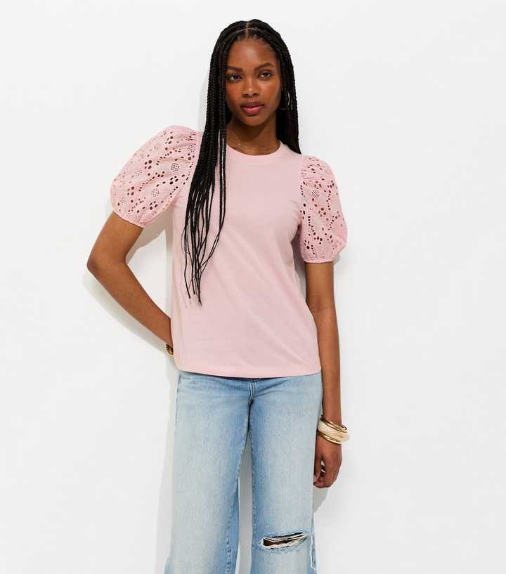 Light Pink Broderie Anglaise Puff Sleeve Top