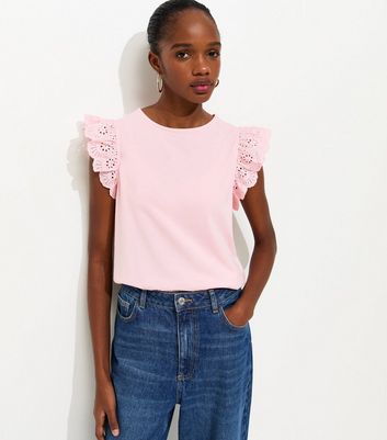 Light Pink Broderie Frill Sleeve Top | New Look