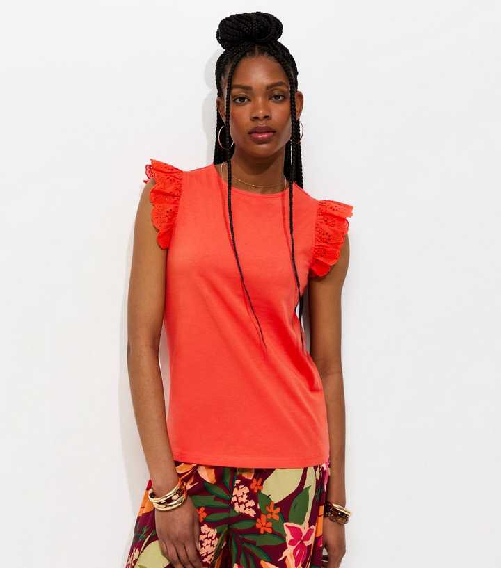 Bright Orange Broderie Frill Sleeve Top