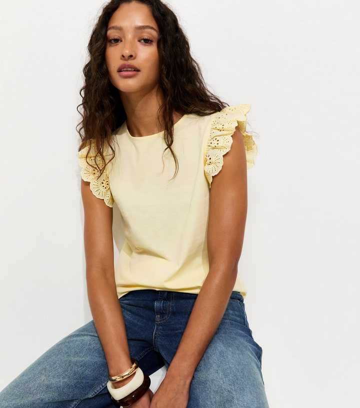 Light Yellow Broderie Frill Sleeve Top