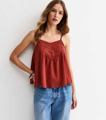 Dark Red Lace Trim V-Neck Cami Top