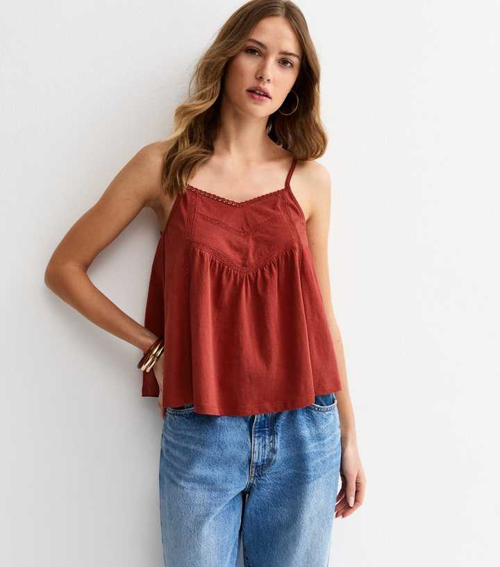 Dark Red Lace Trim V-Neck Cami Top