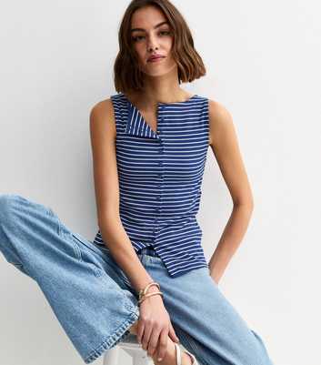 Dark Blue Stripe Button Through Tank Top