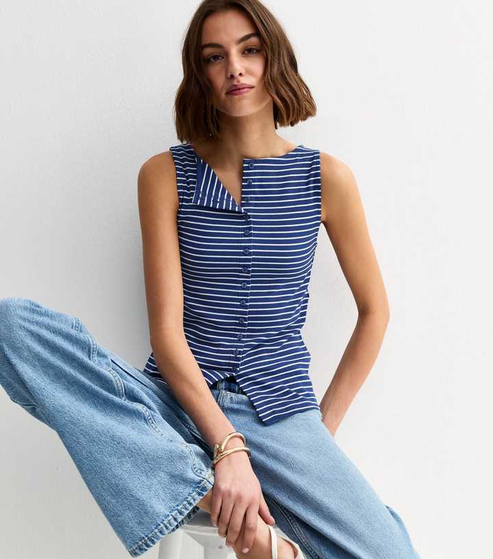 Dark Blue Stripe Button Through Tank Top