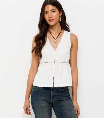 White Lace Trim Button Font Peplum Waist Tank Top