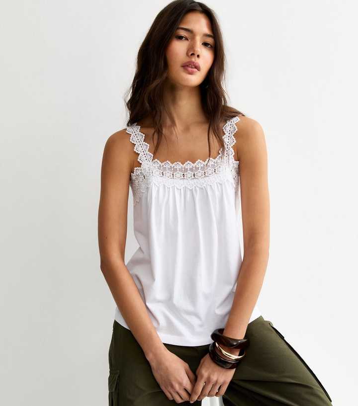 White Square Neck Trim Cami Top