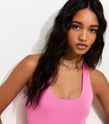 Bright Pink Ribbed Halter Neck Vest Top