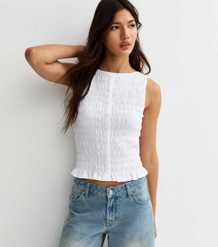 White Shirred Button Front Sleeveless Top