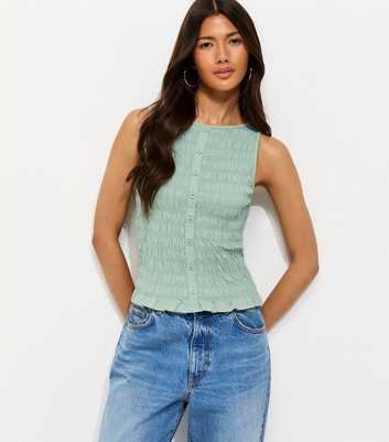 Light Green Shirred Button Front Sleeveless Top