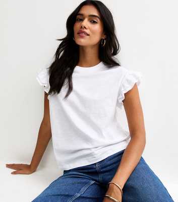 White Cotton Slub Frill Sleeve T-Shirt
