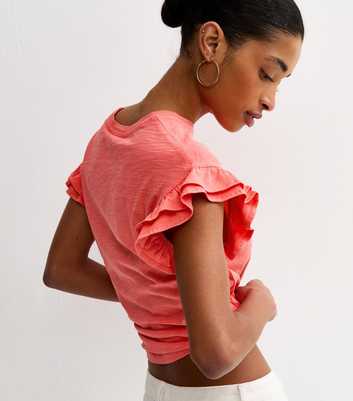 Dark Coral Cotton Slub Frill Sleeve T-Shirt