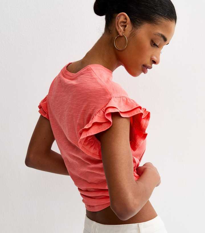 Dark Coral Cotton Slub Frill Sleeve T-Shirt