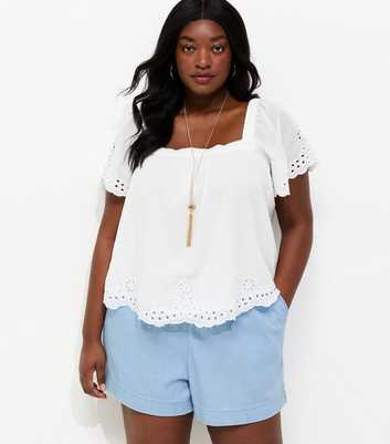 Curves Light Blue Denim Drawstring Shorts