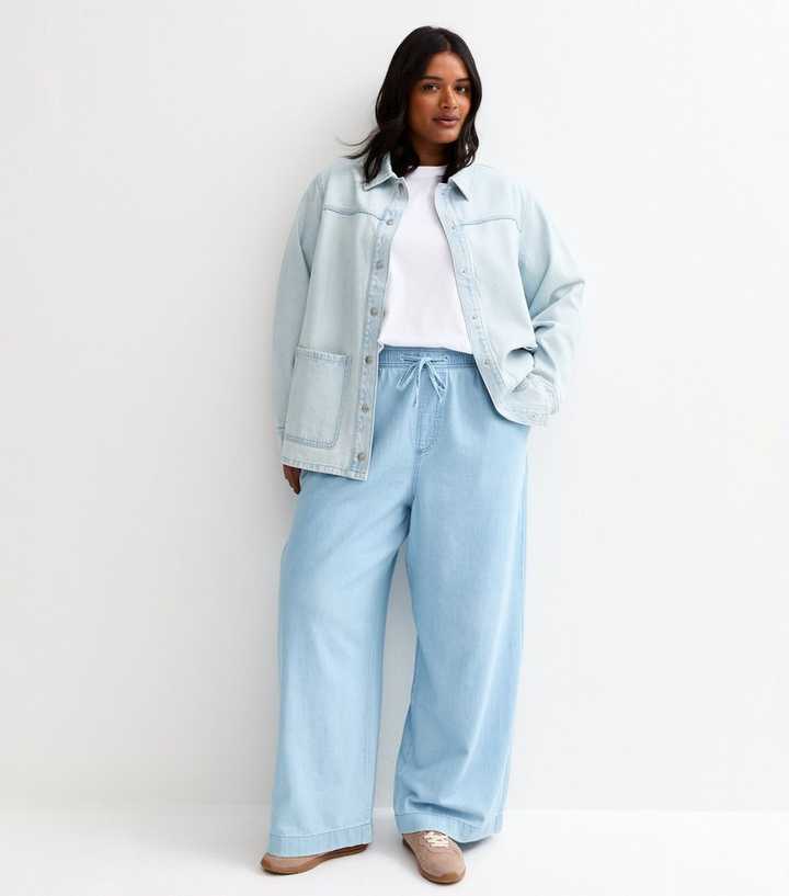 Curves Light Blue Denim Wide Leg Trousers