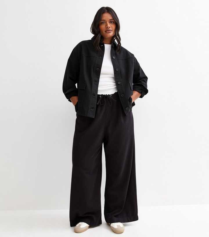 Curves Black Cotton Twill Wide Leg Trousers