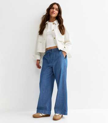 Petite Mid Blue Wash Chambray Denim Wide Leg Trousers