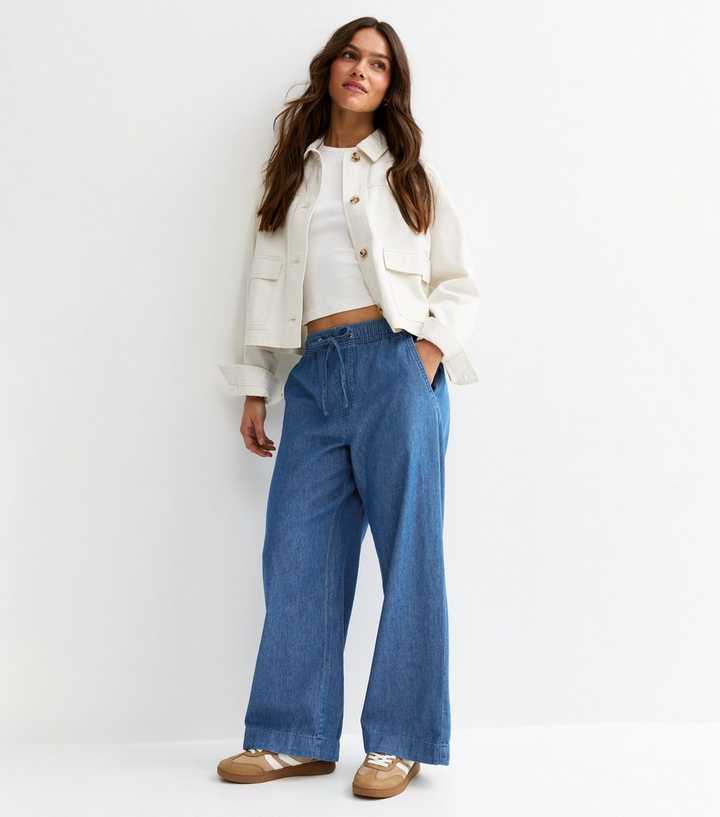 Petite Mid Blue Wash Chambray Denim Wide Leg Trousers