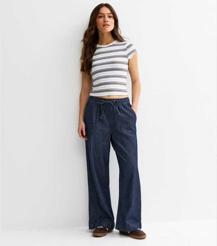Petite Indigo Wash Chambray Denim Wide Leg Trousers