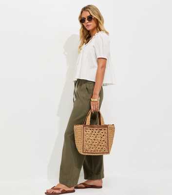 Petite Dark Khaki Twill Cotton Wide Leg Trousers