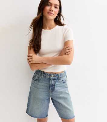 Petite Light Blue Raw Hem Denim Bermuda Shorts