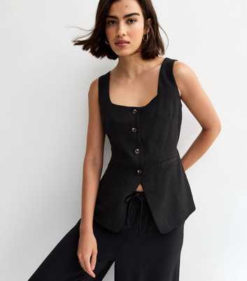Black Square Neck Button Down Waistcoat