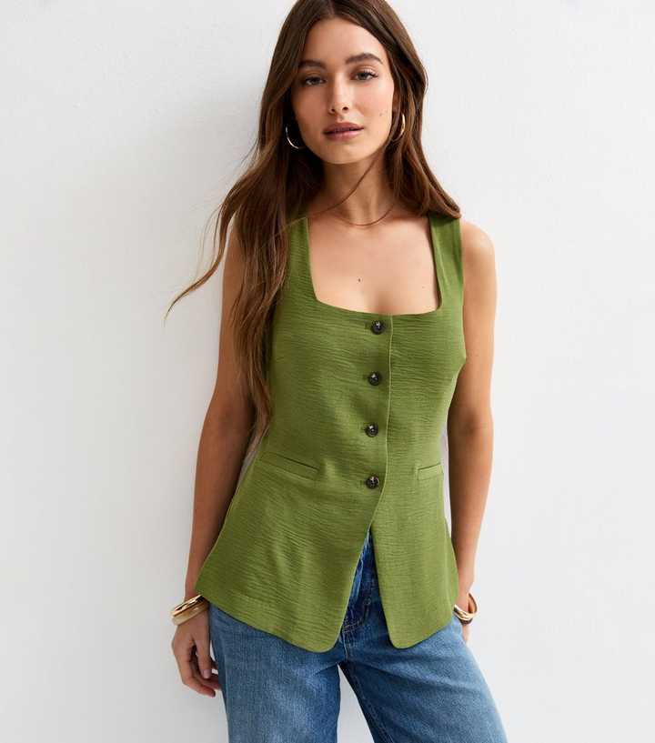 Khaki Square Neck Button Front Waistcoat