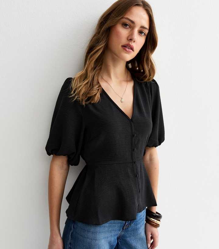Black Buttoned Puff Sleeve Tea Blouse
