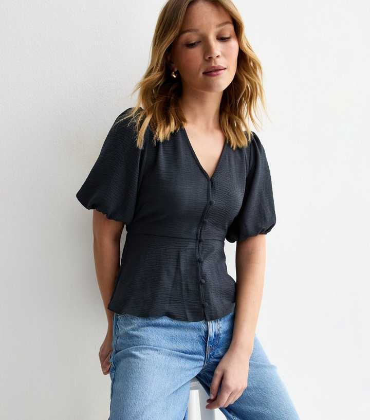Navy Buttoned Puff Sleeve Tea Blouse