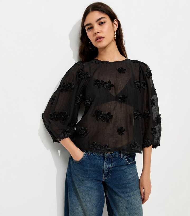 Black Floral Appliqué Cropped Sleeve Smock Top