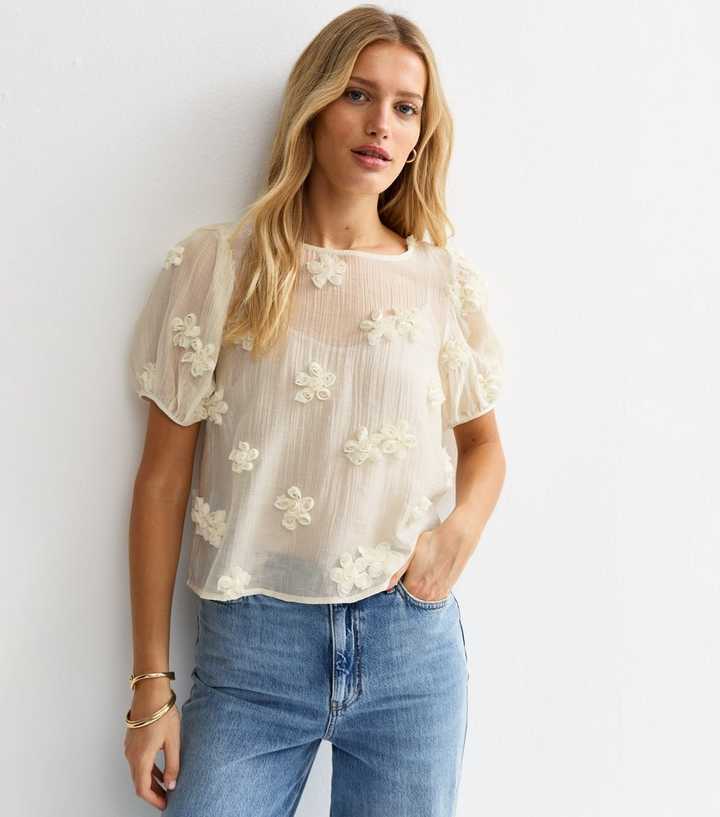 Cream Sheer Floral Appliqué Short Sleeve Blouse