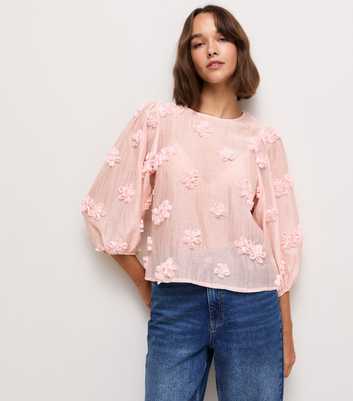 Pink Floral Appliqué Cropped Sleeve Smock Top