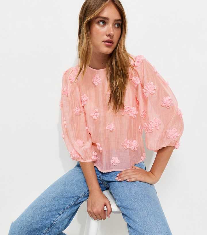 Pink Floral Appliqué Cropped Sleeve Smock Top