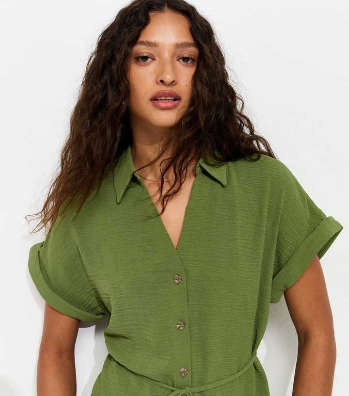 Dark Khaki Belted Short Sleeve Shirt