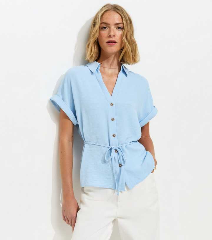Light Blue Belted Short Sleeve Shirt