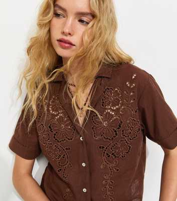 Brown Lightweight Cutwork Crop Scallop Hem Shirt
